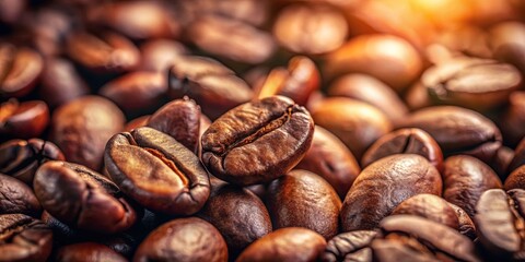 Fototapeta premium Close-up view of roasted coffee beans, showcasing their rich brown hues and intricate textures, with a warm, inviting glow emanating from the depths of the beans.