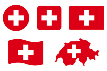 Denmark flag symbols set. White cross on red background . Round, square, waving rectangle and Danish map shape vector banner. Copenhagen symbol. Scandinavia icon.