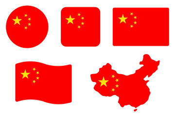 China flag symbols set. Red background with yellow stars. Round, square, waving rectangle and Chinese map shape vector banner. Beijing and Bangkok symbol.