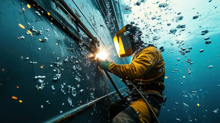 Underwater technician welding hull of large ship, creating sparks and bubbles