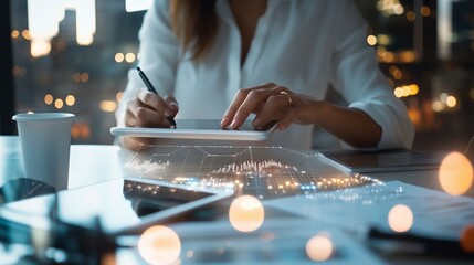 Professional woman analyzing data trends while working late at a modern office with a city skyline view, illuminated by evening lights