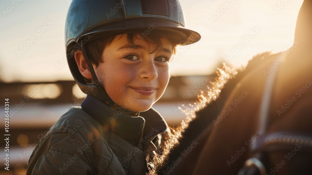 Sticker Young Boy Wearing a Riding Helmet and Looking Towards a Horse