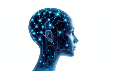 Obraz premium A futuristic digital model depicting an artificial intelligence head with a glowing circular interface and neural connections