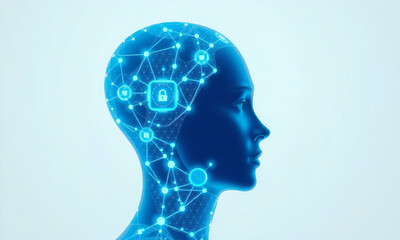 Obraz premium A digital representation of a human head with interconnected networks symbolizing technology and security in the modern digital age