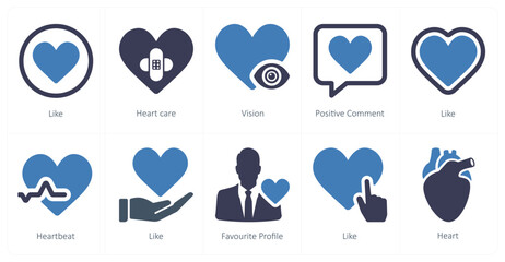 A set of 10 mix icons as like, heart care 