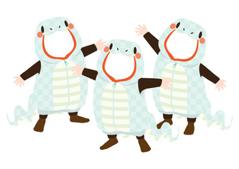 写真の顔をはめ込めるかわいい白蛇の着ぐるみのベクターイラスト（3人用）