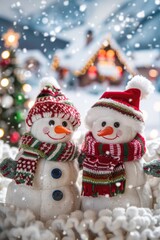 Two Snowmen in Red and Green Winter Attire with a Blurred Winter Village Background