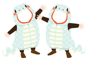 写真の顔をはめ込めるかわいい白蛇の着ぐるみのベクターイラスト（2人用）