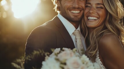 The couple is captured in a moment of pure happiness, laughing together in their elegant wedding attire as the sun sets, reflecting their joy and love.