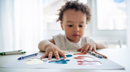 Child creating shapes with a stencil and crayons on paper