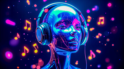 Futuristic Robot with Headphones and Musical Notes, Generative AI Concept