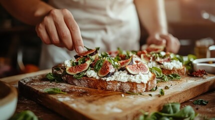 A chef carefully places slices of ripe figs on a bed of creamy cheese atop crispy toast, creating a visually appealing dish with fresh greens for added color and texture.