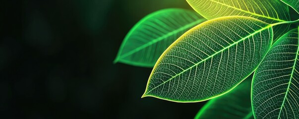 Obraz premium Close-up of vibrant green leaves with light highlights against a dark background.
