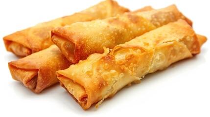 Four golden brown egg rolls, crispy and delicious, isolated on a white background.