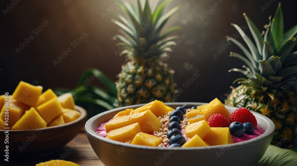 Wall mural a pink smoothie bowl topped with mango, blueberries, raspberries and granola sits on a wooden table 