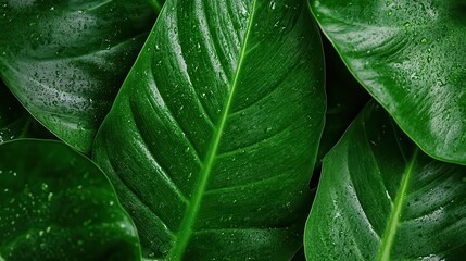 An evocative macro shot of lush green leaves adorned with delicate water droplets, emphasizing the freshness and vitality of nature up close.
