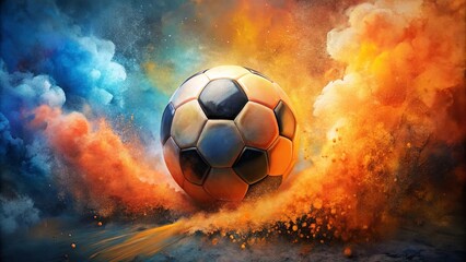 Fototapeta premium A soccer ball bursts through a swirling cloud of vibrant colors, leaving a trail of fiery dust and a sense of raw energy.