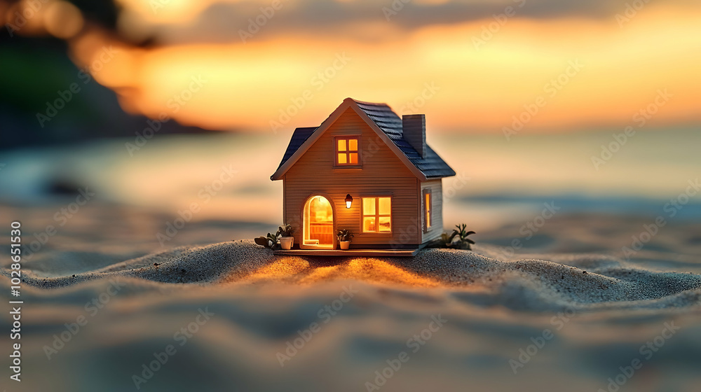 Canvas Prints Miniature house glowing on sandy beach at sunset.