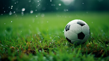 Fototapeta premium football resting on wet grass, glistening with raindrops, evokes sense of anticipation for game ahead. vibrant green blades of grass enhance scenes freshness and energy sport photography concept