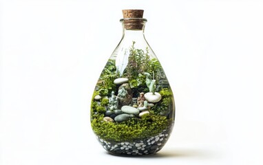 A unique terrarium with moss inside a glass bottle, beautifully arranged with pebbles and tiny figurines