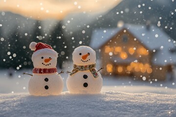 Fototapeta premium Two snowmen standing in the snow with a snowy house and falling snow in the background