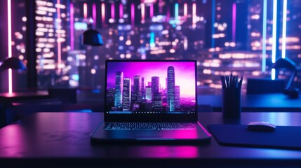 A laptop with a cityscape on the screen is on a desk in front of a blurry background of neon lights.