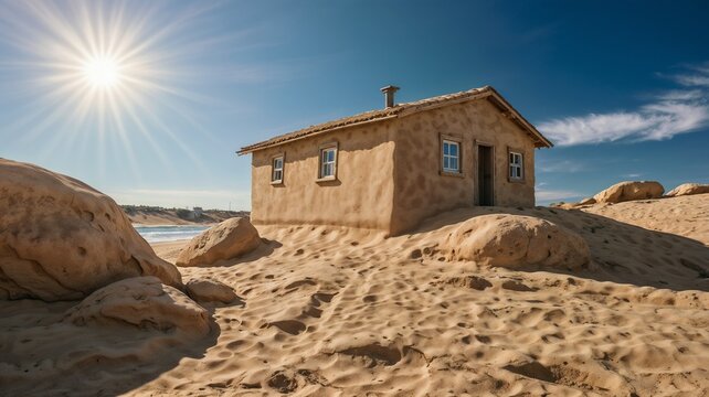 House constructed on the sand vs house constructed on a rock. Parable of the wise and foolish builders. Gospel of Matthew. Hearing Jesus' teachings and putting them into practice. Blue sky with sun.