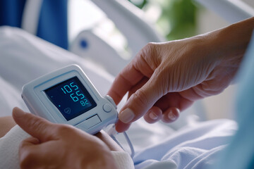 A healthcare professional checks a patient's blood pressure using a digital monitor in a clinical setting.