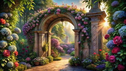 Stone archway adorned with blooming flowers and lush greenery, sunlight streams through the opening, revealing a hidden garden path