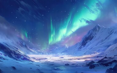 Fototapeta premium A vast, snow-covered plain under a sky lit by the Northern Lights.