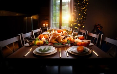 Fototapeta premium A Thanksgiving table setting with a roasted turkey, pumpkins, candles, and glasses of wine.