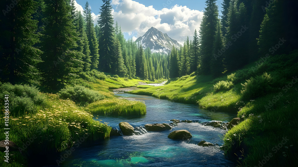 Wall mural Serene landscape with a river, mountains, and lush greenery.