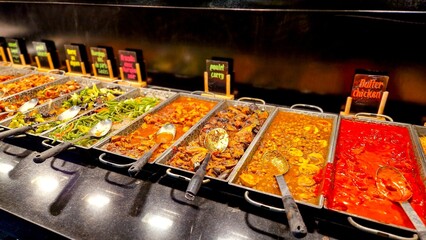 Des plats cuisinés sur un buffet de restaurant à volonté