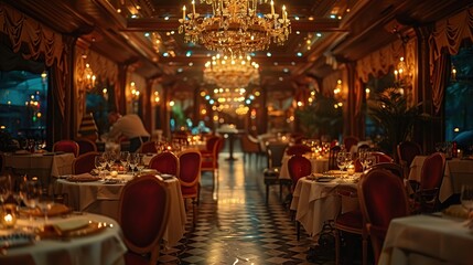 Elegant dining room with candlelit tables, red velvet chairs, and a crystal chandelier.