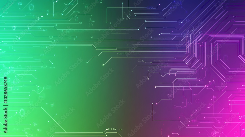 Poster abstract background with neon green and pink circuit board lines on a blurred background.