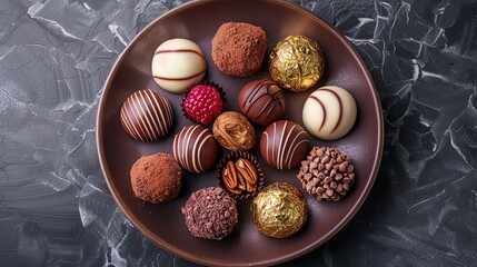 Obraz premium An assortment of gourmet chocolate truffles on a brown plate, arranged in a circle.