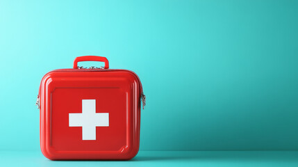 Red first aid kit with a white cross symbol, placed against a bright blue background, emphasizing healthcare and emergency readiness.
