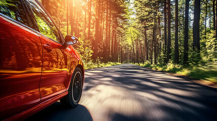 A red car driving on a scenic forest road during sunset.