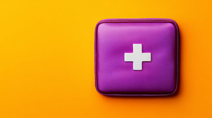 Obraz premium A purple first aid kit with a white cross placed on a vibrant orange background, highlighting medical preparedness with bold, contrasting colors. 