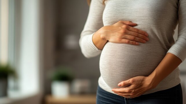 A serene pregnant woman gently cradles her belly, symbolizing protection and love, in a comfortable home setting that emphasizes warmth and family connection.