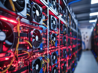 Fototapeta premium Illuminated server room showcasing powerful machinery during an energetic late-night work session