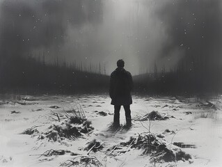 Solitude in a Winter Forest: A Black and White Landscape Painting