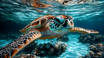 Fototapeta premium A serene underwater scene featuring a swimming sea turtle.