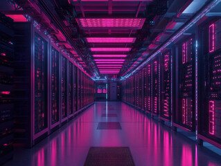 Fototapeta premium Illuminated server room showcasing powerful machinery during an energetic late-night work session