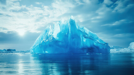 Majestic blue iceberg floating serenely in tranquil waters under a vast sky at twilight