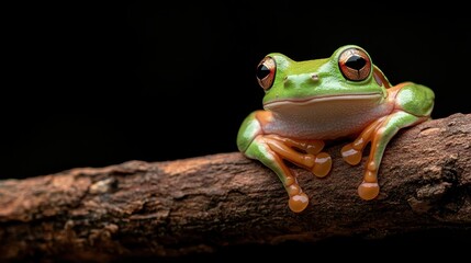 Naklejka premium A green frog with an intense gaze balances on a wooden branch, showcasing its bright orange feet and vivid eyes against a stark, dark backdrop.