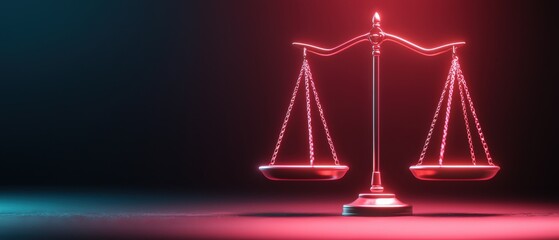 Stylized neon scale symbolizing justice and balance in law, isolated on dark background.