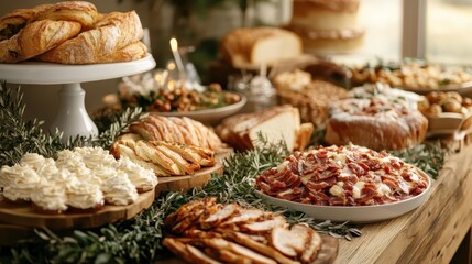 Fototapeta premium A sophisticated spread of pastries and charcuterie, perfect for gourmet occasions, elegantly displayed on a wooden table with leafy green accents.