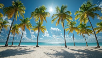 Fototapeta premium Tropical beach with palm trees and turquoise sea. Concept paradise, vacation, travel