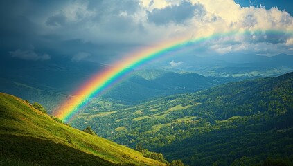 Rainbow over green mountain valley. Concept of hope, beauty, nature
